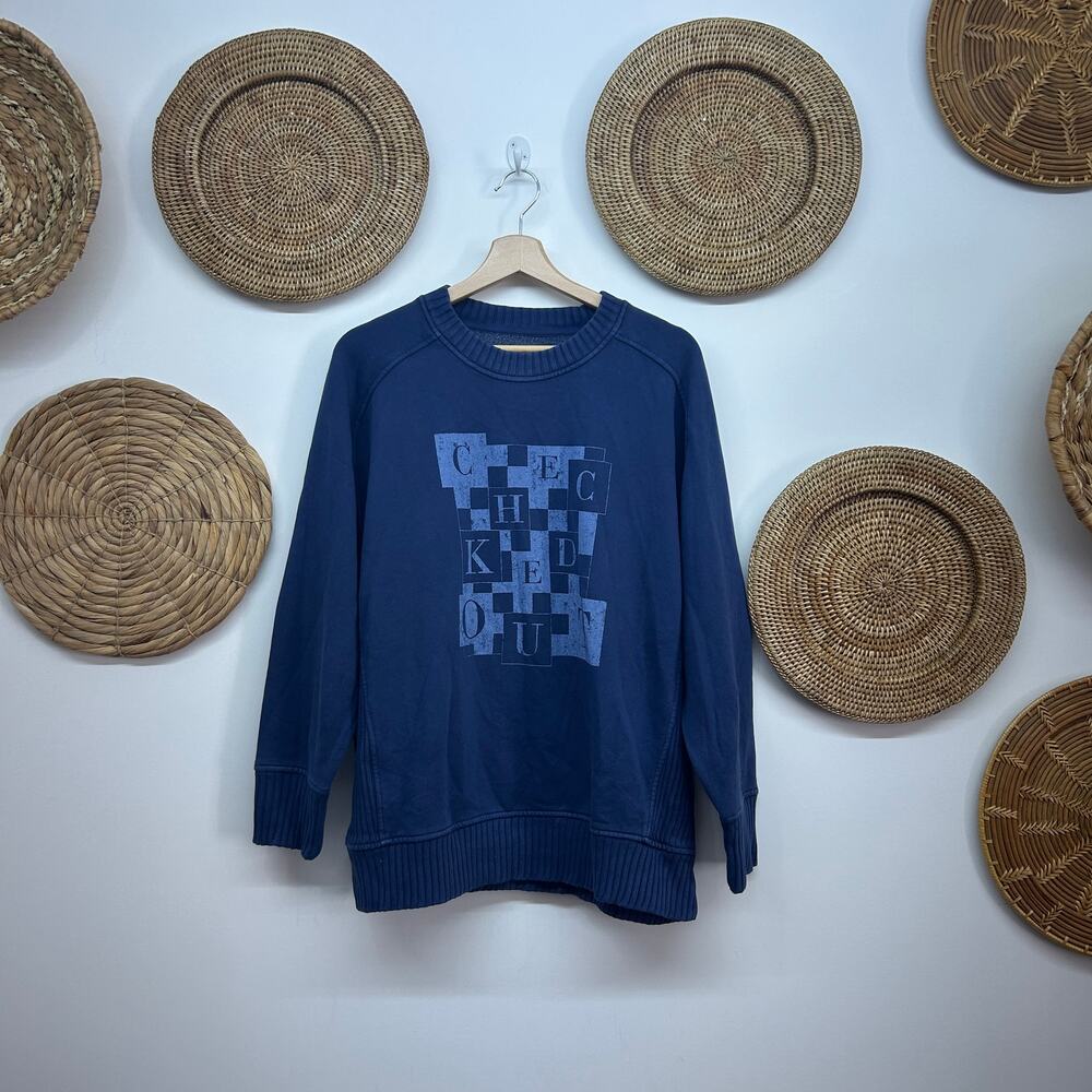 Aerie Blue Checked Out Graphic Oversized Knit Crew Neck Sweatshirt XS